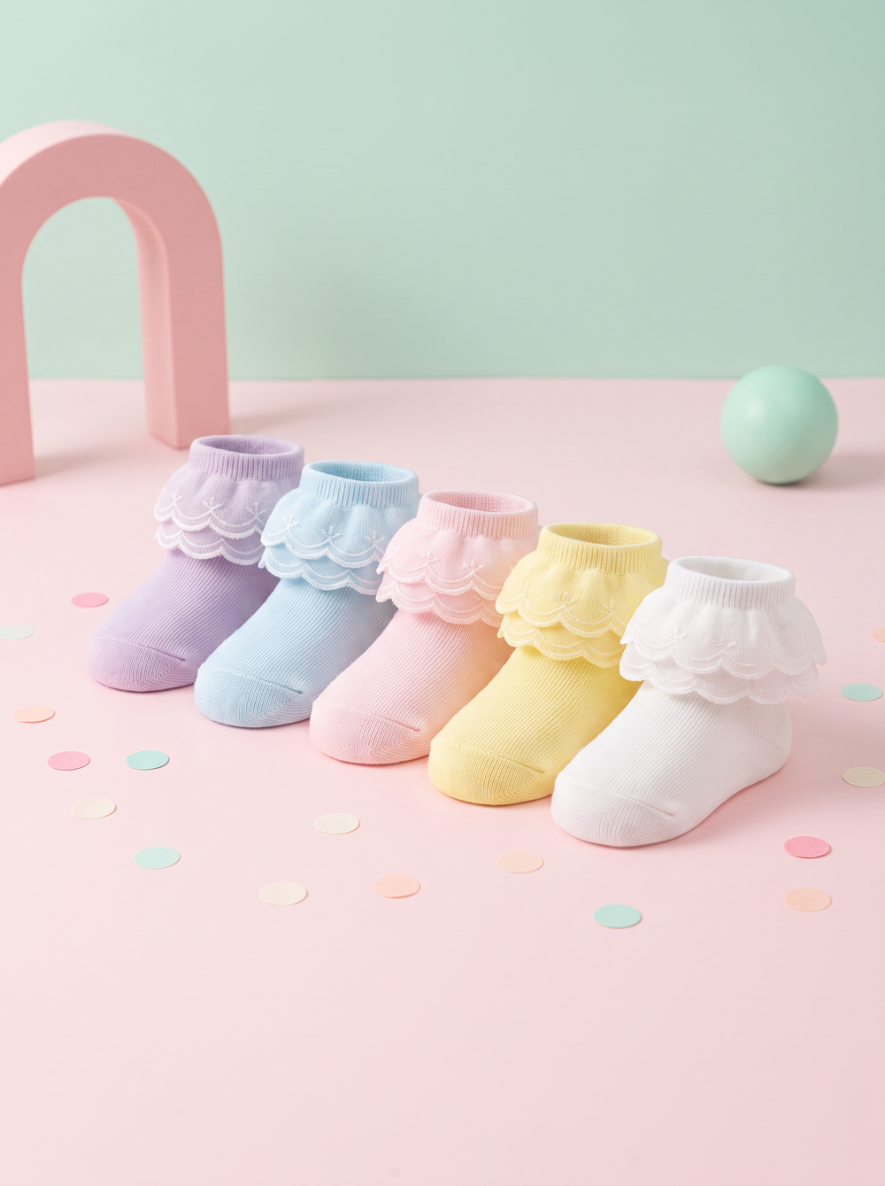 Babydoe Frilly Party Lace Socks -white/pink/blue/yellow/purple socks - Pack of 5 — pastel-studio