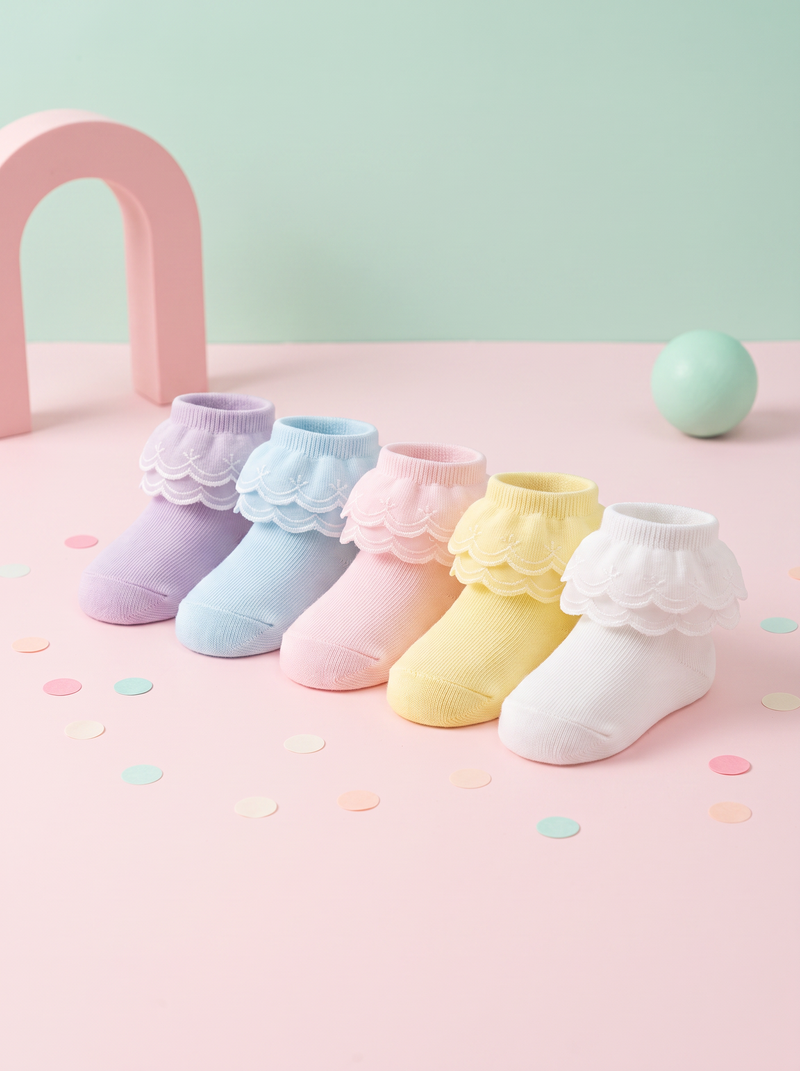 Frilly Party Lace Socks -white/pink/blue/yellow/purple socks -  Pack of 5