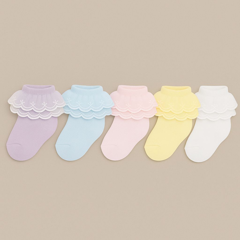Frilly Party Lace Socks -white/pink/blue/yellow/purple socks -  Pack of 5