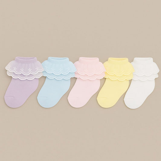 Frilly Party Lace Socks -white/pink/blue/yellow/purple socks -  Pack of 5