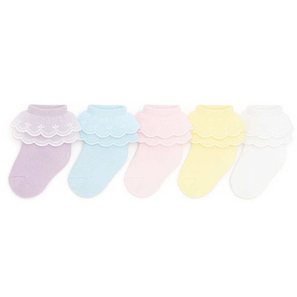 Frilly Party Lace Socks -white/pink/blue/yellow/purple socks -  Pack of 5